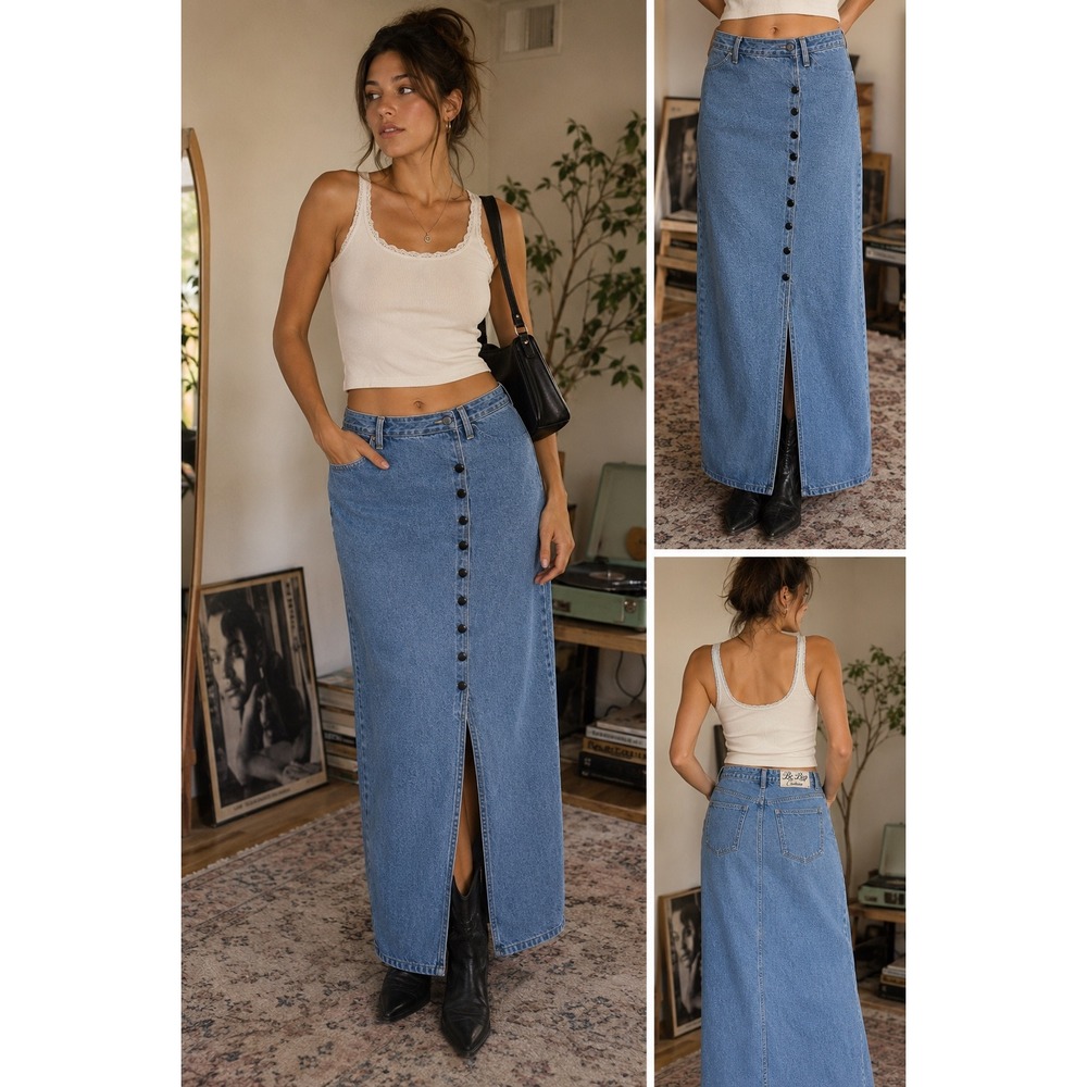VTG Be Bop Denim Maxi Skirt SZ 11 Light Wash Button Front Slit USA 90's Cotton